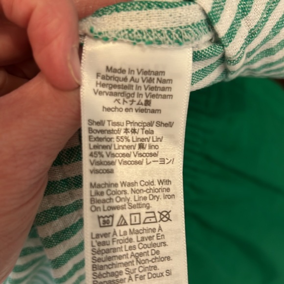 J Crew green and white stripe linen top with front buttons elastic back. - Picture 6 of 6